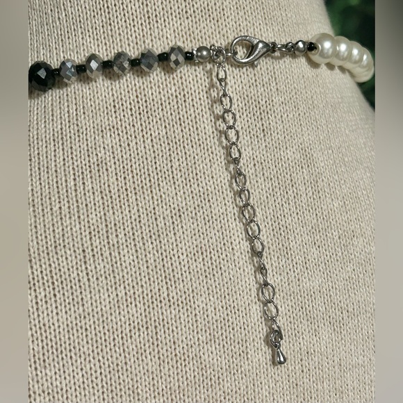 Glass Bead Necklace Faux Pearl Black Silver Beads Fashion Jewelry 30" - Picture 5 of 5